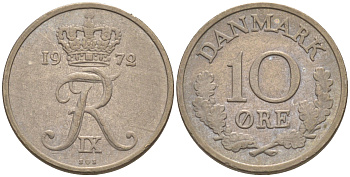 ДАНИЯ 10 ЭРЕ 1972 S; S, ФРЕДЕРИК IX (1947-1972) KM 849.2 медно-никель UNC 187-653