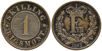 ДАНИЯ 1 СКИЛЛИНГ 1863 ФРЕДЕРИК VII (1848-1863) KM 763 (C135) бронза 67-214