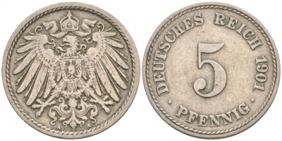 ГЕРМАНИЯ 5 ПФЕННИГОВ 1901 A, KM 11, J. 12 медно-никель 73-253
