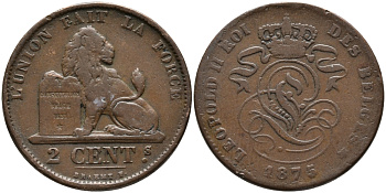 БЕЛЬГИЯ 2 САНТИМА 1875 BELGES KM 35.1 медь 95-634