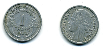 ФРАНЦИЯ 1 ФРАНК 1949 ТИП MORLON, LEGERE KM 885a 1, LE FRANC 221.15 алюминий 84-513