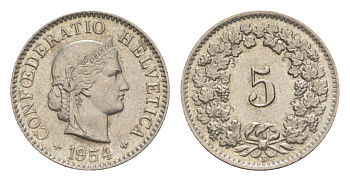 Швейцария 5 раппенов 1954 B KM 26 медно-никель aUNC 4611-728