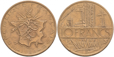Франция 10 франков 1980 тип Матье KM 940, Le Franc 365.15-16 никель латунь 3855-731