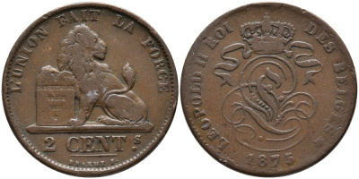 БЕЛЬГИЯ 2 САНТИМА 1875 BELGES KM 35.1 медь 95-634