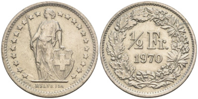 Швейцария 1/2 франка 1970 KM 23а.1 медно-никель 4608-531