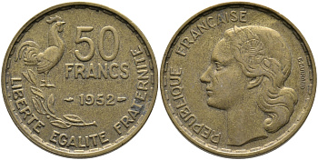 ФРАНЦИЯ 50 ФРАНКОВ 1952 KM 918.1 алюминиевая бронза 97-825