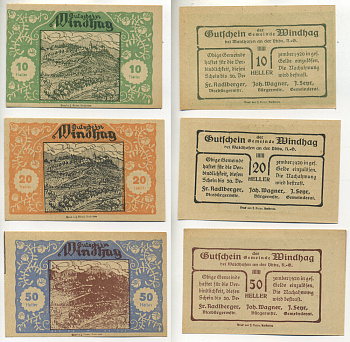 Австрия набор из 3 банкнот 1920 до 30 декабря 1920, нотгельд, 10, 20, 50 геллеров, MINDHAG   бумага  aUNC  7555-7-1-1