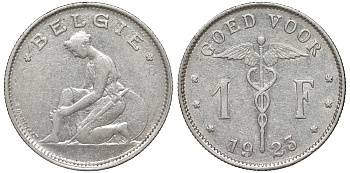 Бельгия 1 франк 1923 Belgie, Альберт I (1909-1934) KM 90 никель 51-1037