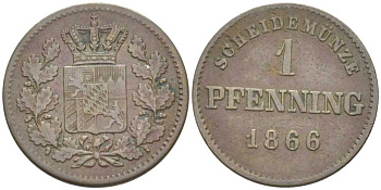 Бавария 1 пфенниг 1866 Людвиг II (1864-1886) КМ 471, AKS 185 медь 201-253