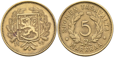 ФИНЛЯНДИЯ 5 МАРОК 1951 H KM 31a латунь 4563-412