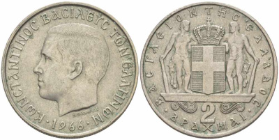 Греция 2 драхмы 1966 Константин II (1966-1973) KM 90 медно-никель 108-1231