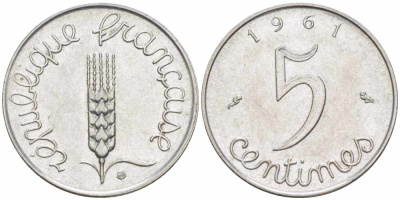 ФРАНЦИЯ 5 САНТИМОВ 1961 ПЯТАЯ РЕСПУБЛИКА KM 927, LE FRANC 124.3 хромированная сталь 105-417