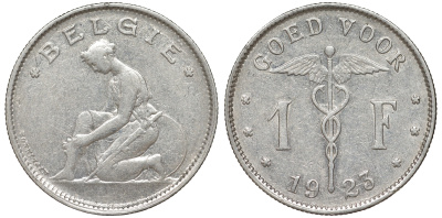 Бельгия 1 франк 1923 Belgie, Альберт I (1909-1934) KM 90 никель 51-1037