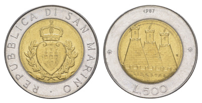 Сан-Марино 500 лир 1987 15 лет возобновлению чеканке монет KM 209 биметалл UNC 4648-327