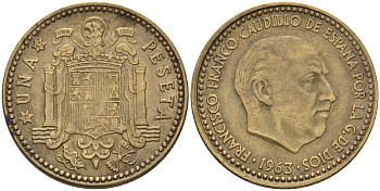 Испания 1 песета 1963 (?) Франсиско Франко (1939-1975) KM 775 алюминиевая бронза 3336-1117