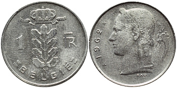 БЕЛЬГИЯ 1 ФРАНК 1962 BELGIE KM 143.1 медно-никель 4388-617