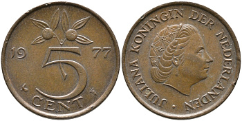 Нидерланды 5 центов 1977 Юлиана (1948-1980) KM 181 бронза 65-1225