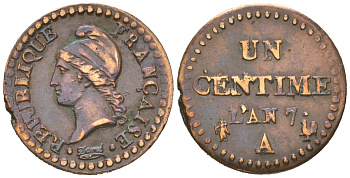 Франция 1 сантим 1798 AN 7 А, Исполнительная директория (1795-1799) KM 646 (C 134) медь 4615-264