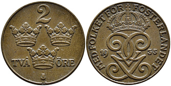 Швеция 2 эре 1935 Густав V (1907-1950) KM 778 бронза 4384-117