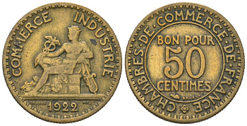 Франция 50 сантимов 1922 тип Chambre de Commerce KM 884, Le Franc 191.5 алюминиевая бронза 4164-1154