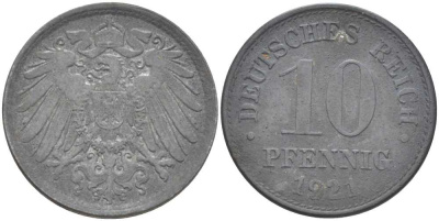 ГЕРМАНИЯ 10 ПФЕННИГОВ 1921 (1917-1922) KM 26, J. 299, Weege 8 цинк 210-256