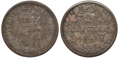 Бавария 1 крейцер 1863 Максимилиан II (1848-1864) KM 473 серебро 75-817