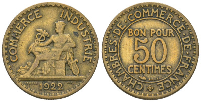 Франция 50 сантимов 1922 тип Chambre de Commerce KM 884, Le Franc 191.5 алюминиевая бронза 4164-1154