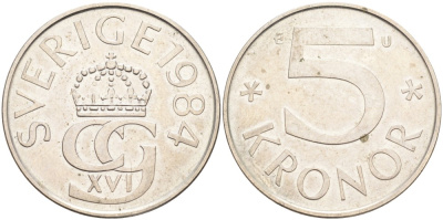 Швеция 5 крон 1984 U, Карл XVI Густав (1973- ) KM 853 медно-никель 4385-326