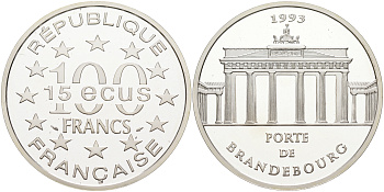 Франция 100 франков - 15 экю 1993 серия архитектурные монументы Европы (Бранденбургские ворота в Берлине) KM 1032 серебро PROOF 02-078-15
