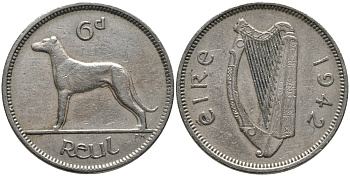 ИРЛАНДИЯ 6 ПЕНСОВ 1942 ИРЛАНДСКИЙ ВОЛКОДАВ KM 13а медно-никель 4387-1054