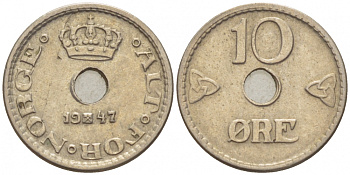 НОРВЕГИЯ 10 ЭРЕ 1947 ХОКОН VII (1905-1957) KM 383 медно-никель 3457-1223