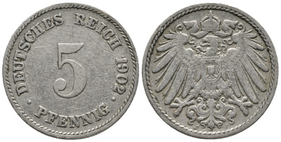 ГЕРМАНИЯ 5 ПФЕННИГОВ 1902 J KM 11, J. 12 медно-никель 39-761