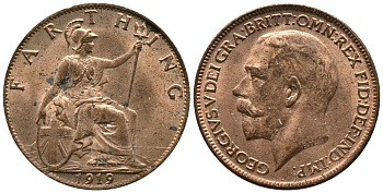 Великобритания 1 фартинг 1919 Георг V (1910-1936) KM 808.2, Spink 4060 бронза UNC 117-725