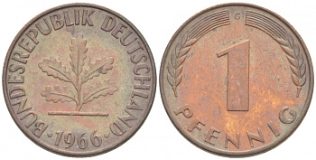 ФРГ 1 ПФЕННИГ 1966 G KM 105 J 380 сталь плакированная медью 3718-213