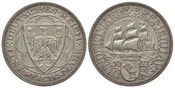 Германия 5 марок 1927 A, 100-летие Бремерхафена J. 326, KM 51 серебро 00-000-00