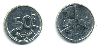 БЕЛЬГИЯ 50 ФРАНКОВ 1987 BELGIQUE, БОДУЭН I (1951-1993) KM 168 никель 25-1656