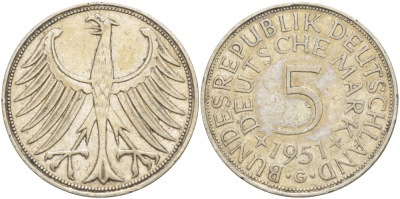 ФРГ 5 марок 1951 G, KM 112.1, J.387 серебро 3996-346