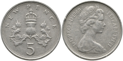 Великобритания 5 пенсов 1969 Елизавета II (1952-2022) KM 911, Spink 4233 (D1) медно-никель 65-946