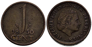 НИДЕРЛАНДЫ 1 ЦЕНТ 1950 КОРОЛЕВА ЮЛИАНА KM 180 бронза 3955-111