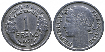 ФРАНЦИЯ 1 ФРАНК 1957 B KM 885a.2 алюминий 4381-515