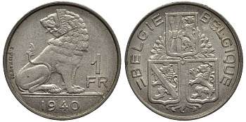 БЕЛЬГИЯ 1 ФРАНК 1940 BELGIE-BELGIQUE, ЛЕОПОЛЬД III (1934-1950) KM 120 никель 27-1011