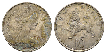 Великобритания 10 пенсов 1969 Елизавета II (1952-2022) KM 912, Spink 4231 (F1) медно-никель 3336-952