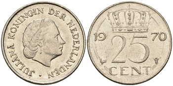 Нидерланды 25 центов 1970 Юлиана (1949-1980) КМ 183 никель    4124-125