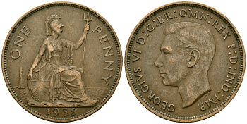 Великобритания 1 пенни 1938 Георг VI (1936-1952) KM 845, Spink 4114 бронза 4120-126