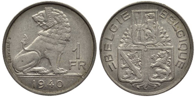 БЕЛЬГИЯ 1 ФРАНК 1940 BELGIE-BELGIQUE, ЛЕОПОЛЬД III (1934-1950) KM 120 никель 27-1011