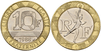 Франция 10 франков 1988 тип гений Бастилии KM 964.1, Le Franc 375.2 биметалл 4597-1134