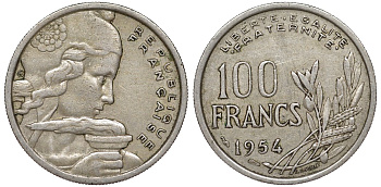 Франция 100 франков 1954 KM 919.1, Le Franc 450.2 медно-никель 51-2825
