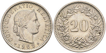 Швейцария 20 раппенов 1969 В KM 29а медно-никель 92-1254
