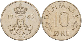 Дания 10 эре 1983 R; B, Маргрете  II (1972-2024) KM 860.3 медно-никель 4387-1236