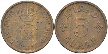 Исландия 5 эйре 1931 N-GJ, Кристиан X (1912-1944) KM 7.1 бронза 3457-945